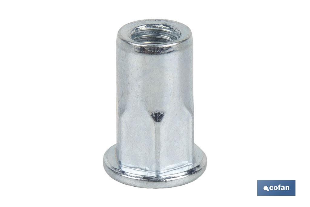 TUERCAS REMACHABLES SEMIHEXAGONAL FONDO ABIERTO CABEZA ANCHA ACERO M5 X 13,5 (PACK: 500 UDS)