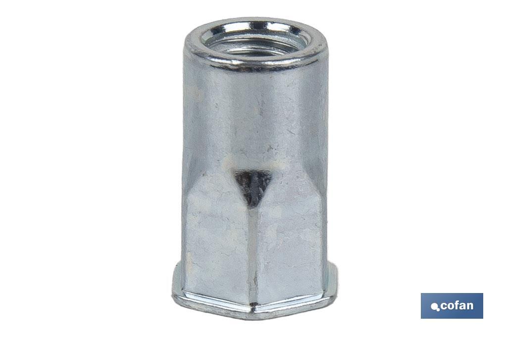 TUERCAS REMACHABLES SEMIHEXAGONAL FONDO ABIERTO CABEZA REDUCIDA ACERO M4 X 12 (PACK: 1000 UDS) TUERCAS REMACHABLES SEMIHEXAGONAL FONDO ABIERTO CABEZA REDUCIDA ACERO M4 X 12 (PACK: 1000 UDS)