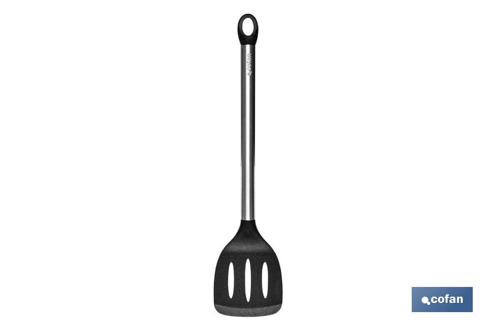 Paleta de Cocina Ranurada | Modelo Neige | Silicona con Mango Inox | Medida 35 cm | Resistente hasta 220ºC