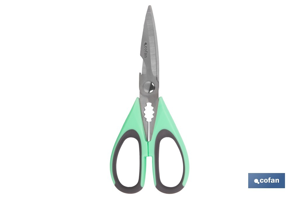 Tijeras Multiusos | Fabricadas en Acero Inox | Modelo Sena | Color Verde Claro o Morado | Longitud 22 cm